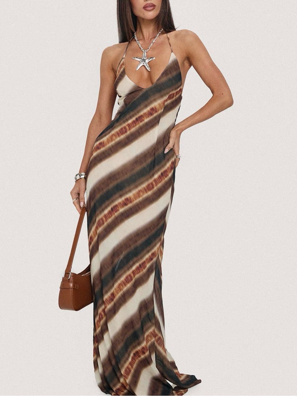 Slip Maxi Dress with Brown Stripe Print
